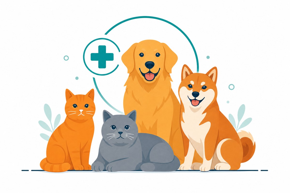 Orange cat, gray cat, golden retriever, and shiba inu pet health illustration